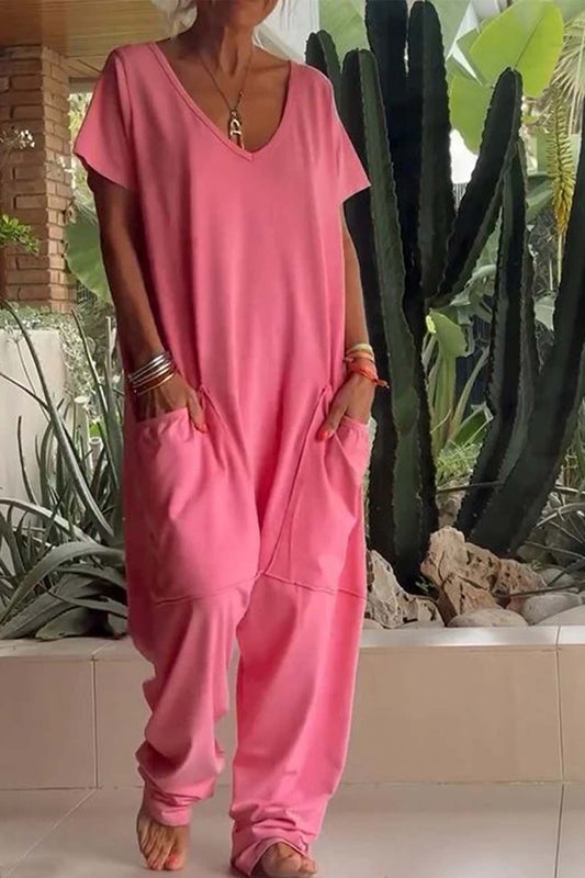 Lina | Jumpsuit mit V-Ausschnitt, Kurzarm, Weitem Bein und Seitentaschen