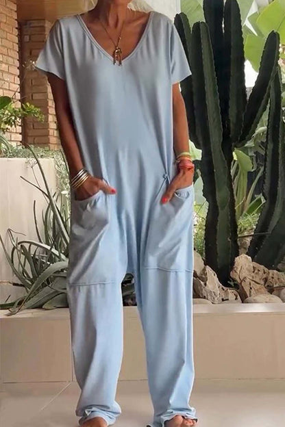 Lina | Jumpsuit mit V-Ausschnitt, Kurzarm, Weitem Bein und Seitentaschen