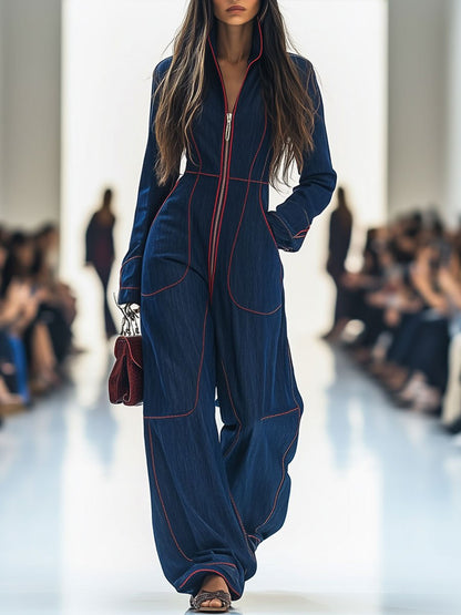 Mila | Langarm-Jumpsuit mit Front-Reißverschluss und weitem Bein