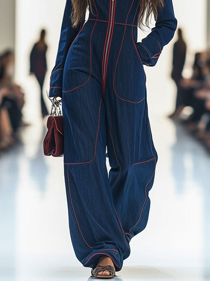 Mila | Langarm-Jumpsuit mit Front-Reißverschluss und weitem Bein