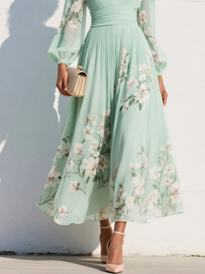 Cisella | Midi-Kleid in hellgrün mit Blumenmuster