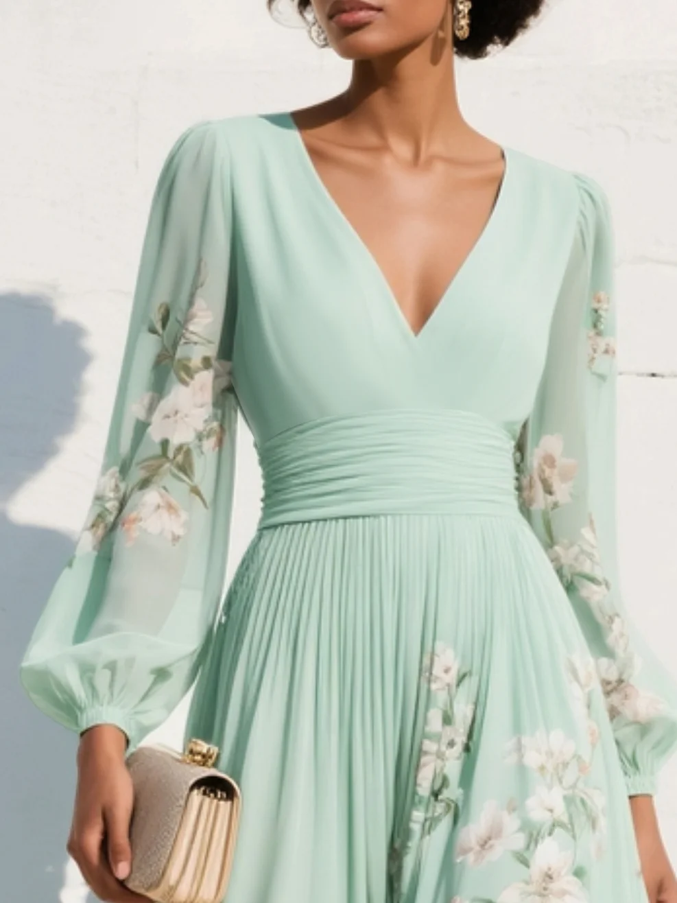 Cisella | Midi-Kleid in hellgrün mit Blumenmuster