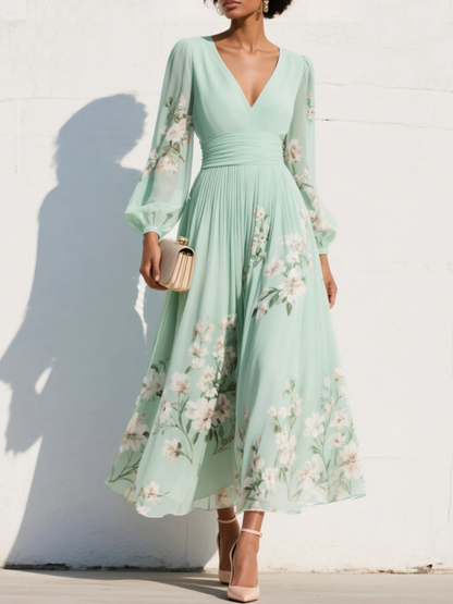 Cisella | Midi-Kleid in hellgrün mit Blumenmuster