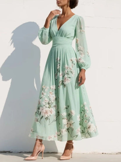 Cisella | Midi-Kleid in hellgrün mit Blumenmuster