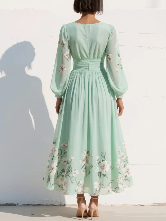 Cisella | Midi-Kleid in hellgrün mit Blumenmuster