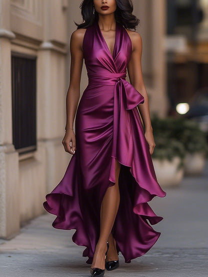 Stephanie | Satin-Maxikleid mit Wickeldesign und hohem Schlitz