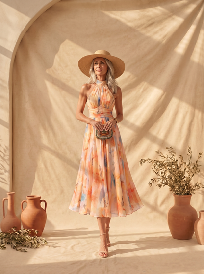 Aurora | Kleid mit Halterkragen und Aquarelldruck