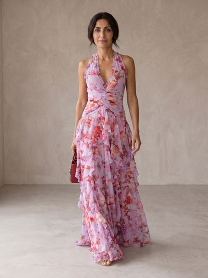 Belladina | Romantischer Rosen-Cascata Maxikleid mit Amerikanischem Ausschnitt