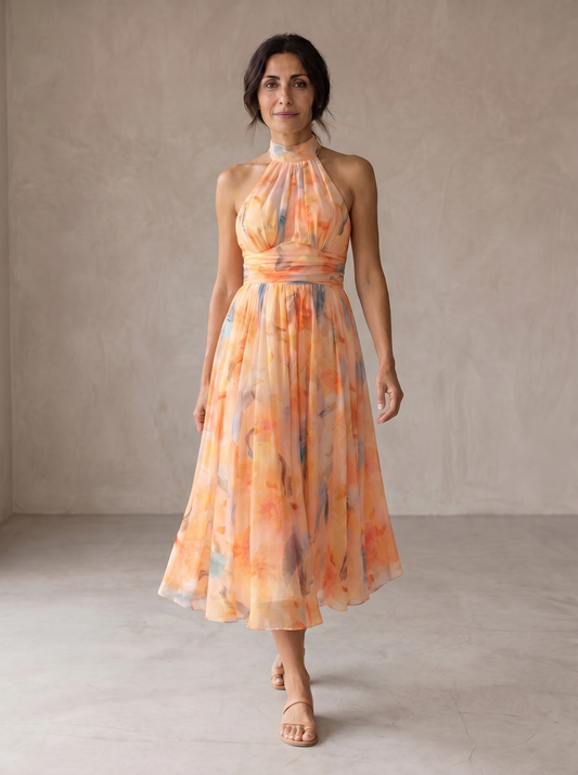Aurora | Kleid mit Halterkragen und Aquarelldruck