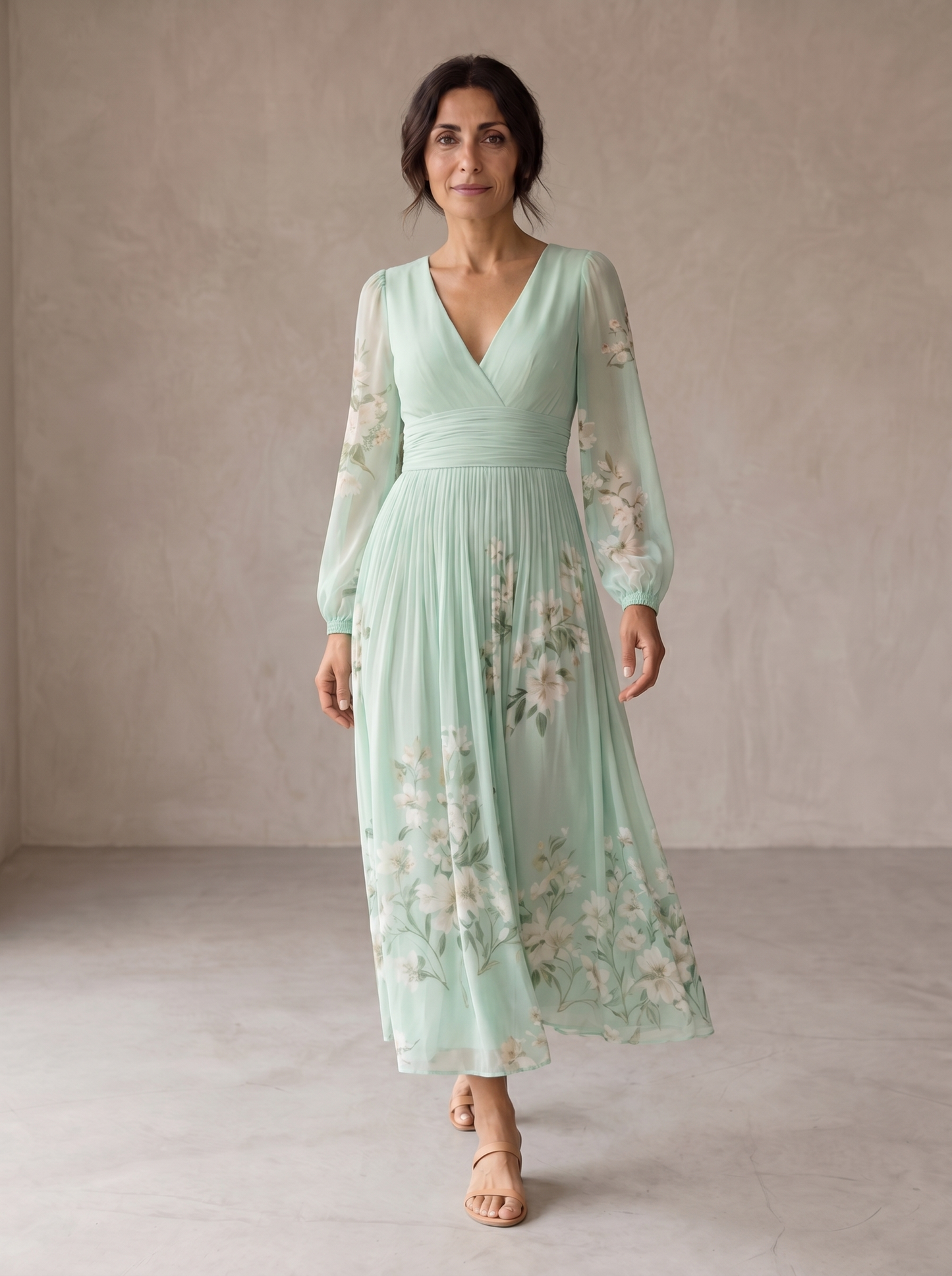 Cisella | Midi-Kleid in hellgrün mit Blumenmuster